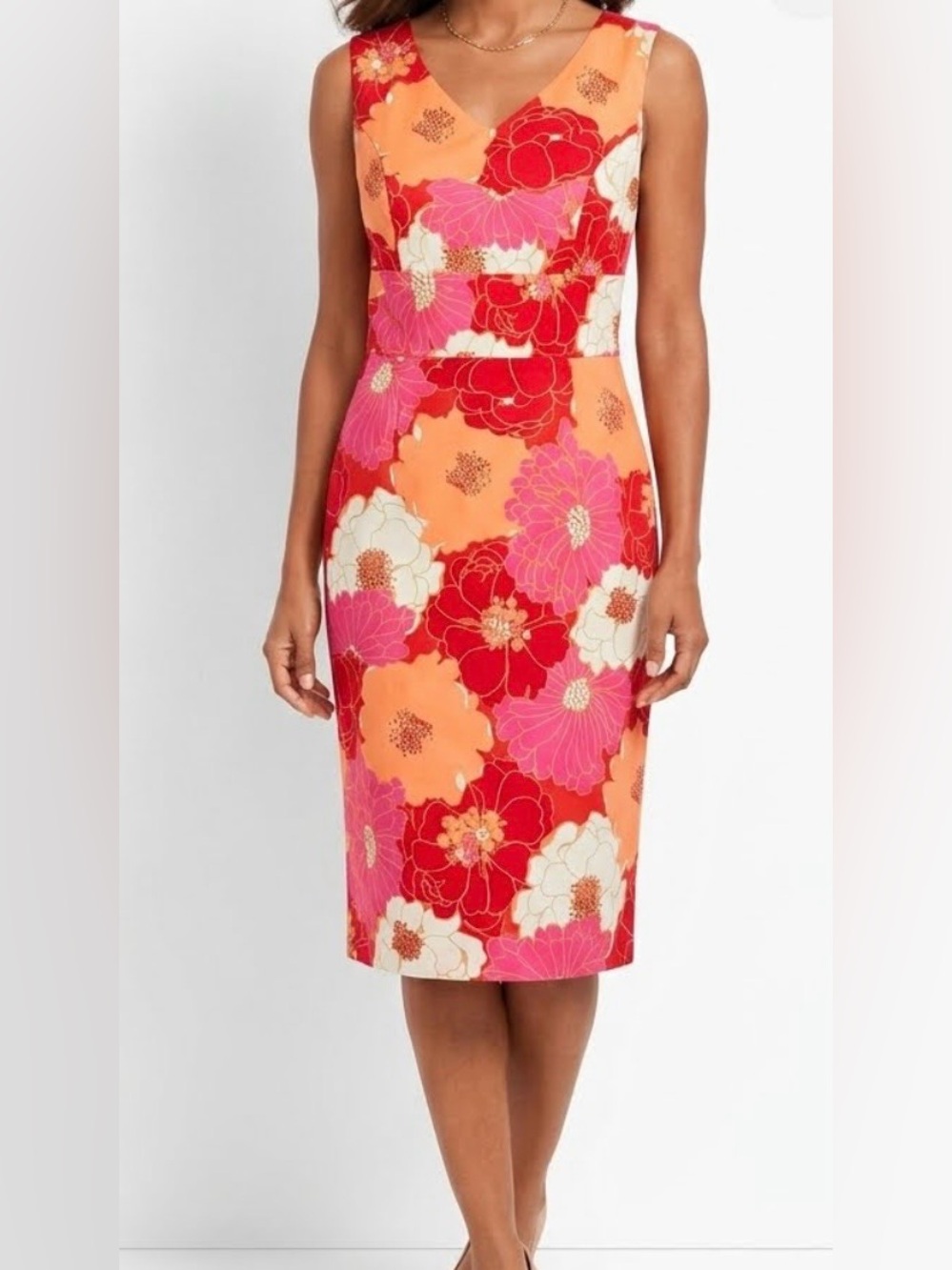Talbots Vintage Style Springtime Floral Sheath Midi Dress - Red, Pink, Orange